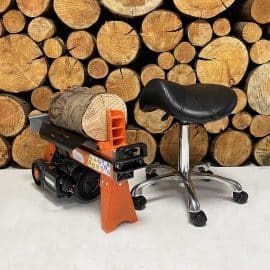 electric log splitter with stool and log background
