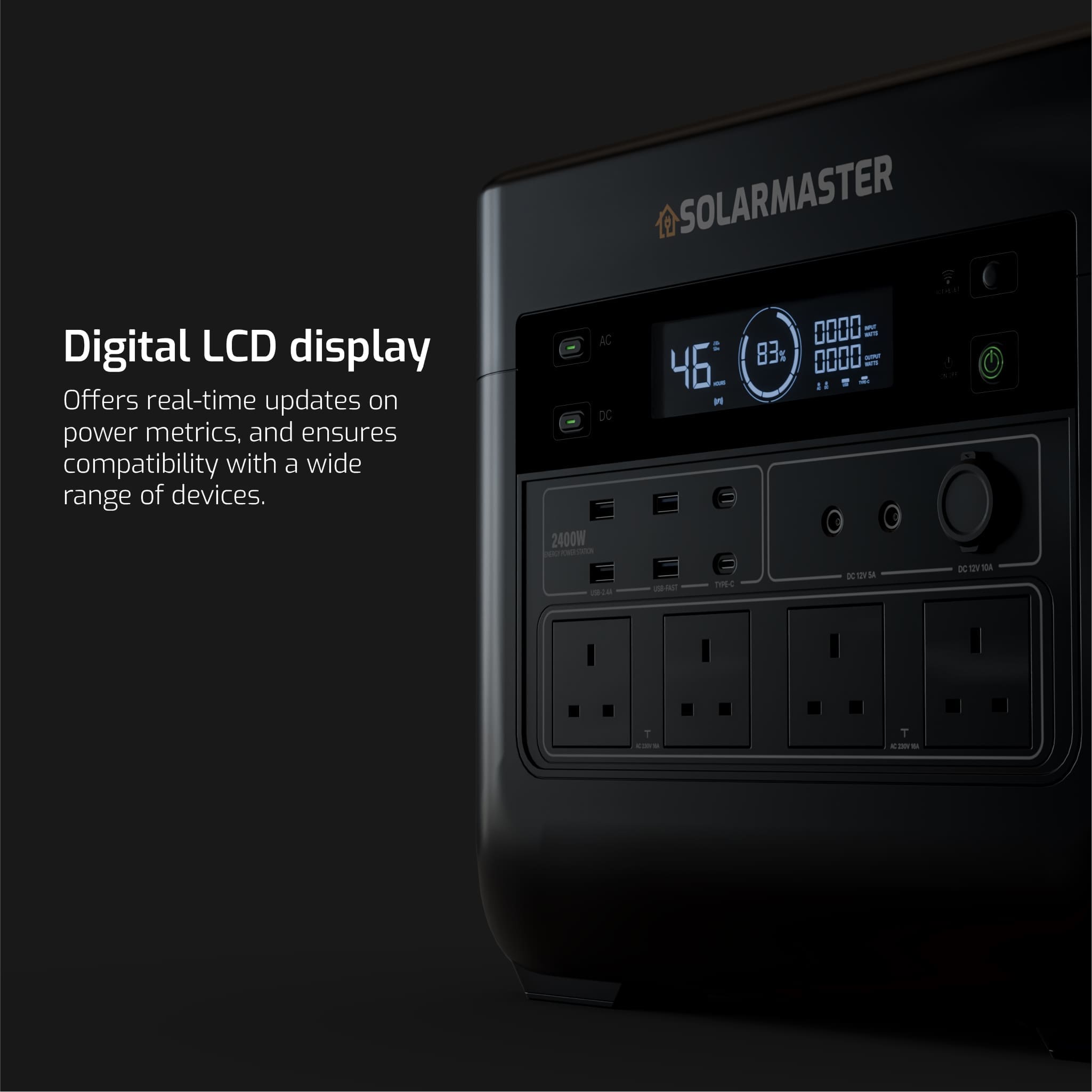 Solar Master GEN-2400 ‘Atlas’ Portable Power Station | 2150Wh, 2400W (4800W Peak) 5 Solar Master GEN-2400 'Atlas' bærbar strømstation | 2150 Wh, 2400 W (4800 W spidsbelastning) - Billede 4